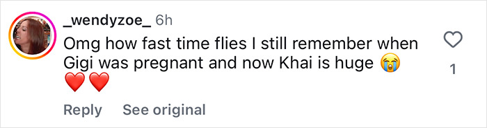 Instagram comment expressing nostalgia about Gigi Hadid’s pregnancy and her daughter Khai growing up quickly. Instagram comment expressing nostalgia about Gigi Hadid’s pregnancy and her daughter Khai growing up quickly.
