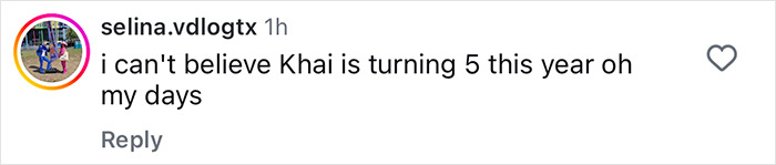 Comment from user selina.vdlogtx expressing disbelief about Khai turning 5 this year, related to Gigi Hadid. Comment from user selina.vdlogtx expressing disbelief about Khai turning 5 this year, related to Gigi Hadid.