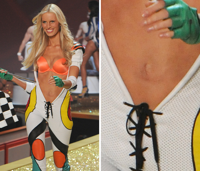 Blonde woman in colorful outfit showcasing a unique belly button anomaly, highlighting celebrity body anomalies.