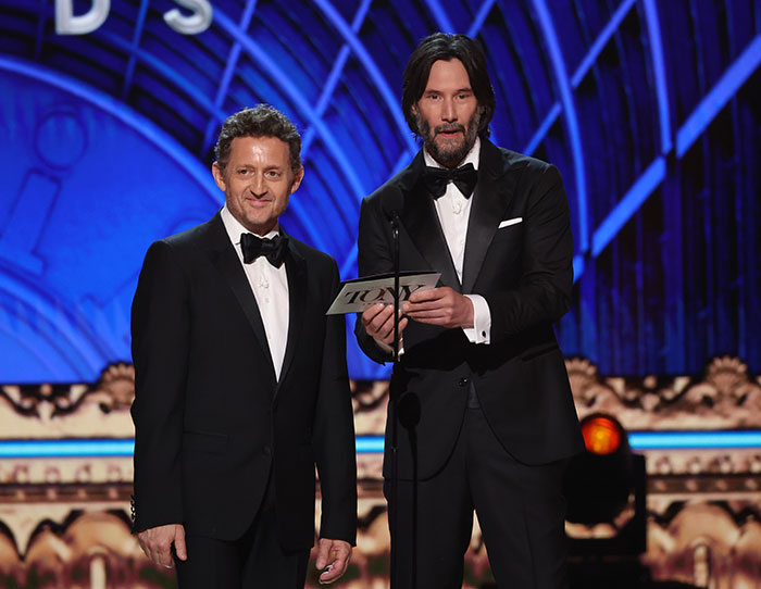 Keanu Reeves and Jonathan Groff on stage at the 2025 Tony Awards during a memorable live moment.