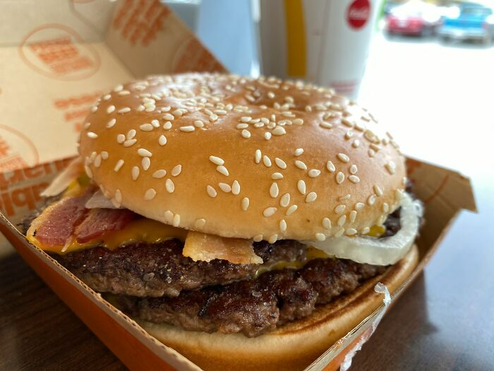 Close-up of a cheeseburger with bacon in a box, illustrating police getting dragged into utter nonsense moments.