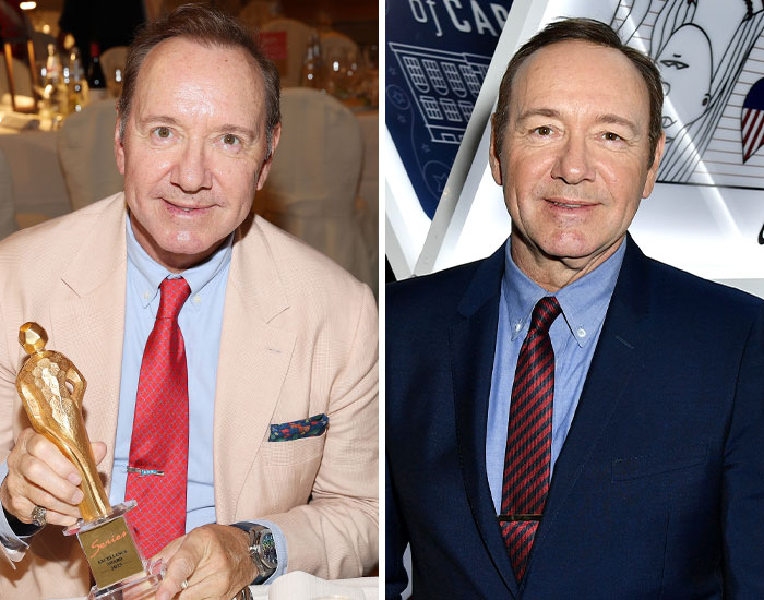 Kevin Spacey at award event in beige and navy suits, sparking plastic surgery rumors after red carpet appearance.