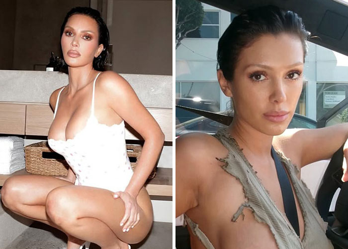 Bianca Censori poses in a daring bodysuit and shows new hair extensions, drawing comparisons to Kim Kardashian.