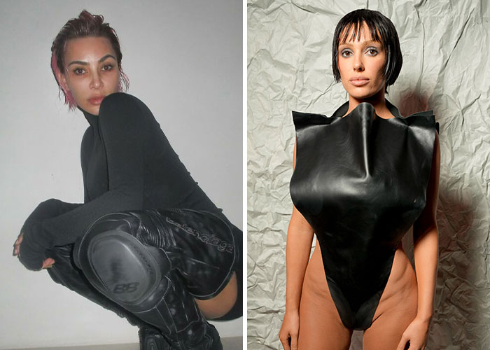 Bianca Censori in a daring black bodysuit with new hair extensions, sparking Kim K clone comparisons.