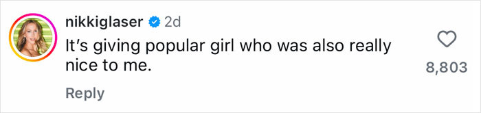 Instagram comment from Nikki Glaser complimenting a popular girl, amid Kim Kardashian plastic surgeries discussion.