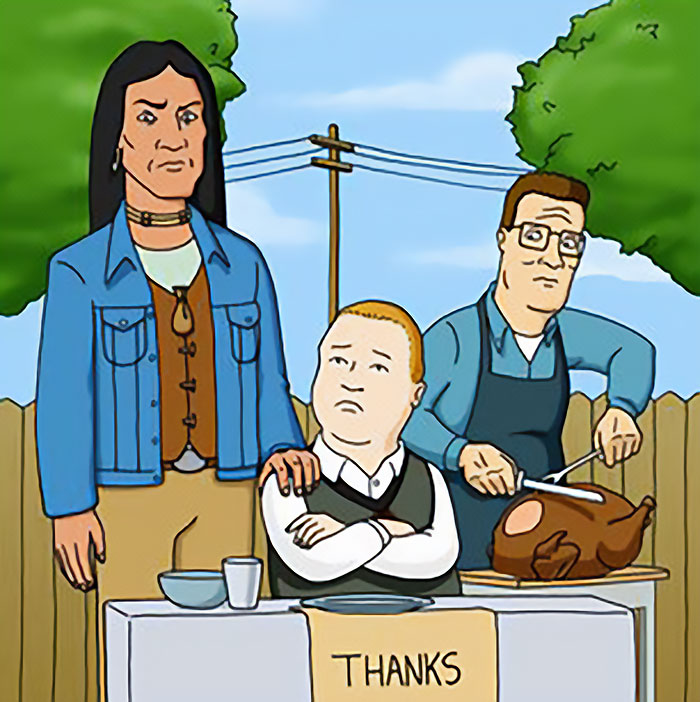 Animated characters from King Of The Hill, featuring voice actor Jonathan Joss, depicted in a backyard scene with a turkey.