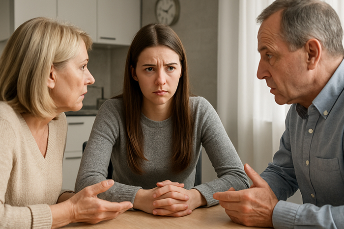 Teen girl sitting between parents who favor matching triplets, looking upset and ignored during family discussion.