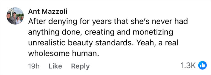 Comment by Ant Mazzoli criticizing Kylie Jenner for denying breast augmentation and promoting unrealistic beauty standards online.