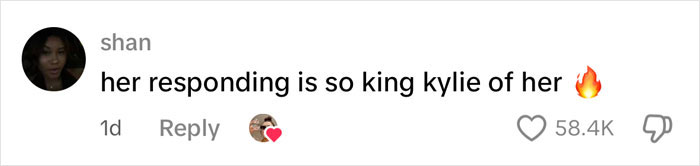 Social media comment praising Kylie Jenner's response about breast augmentation surgery after fan inquiry.