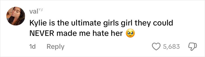 Screenshot of a social media comment praising Kylie Jenner&rsquo;s personality after sharing breast augmentation surgery details.