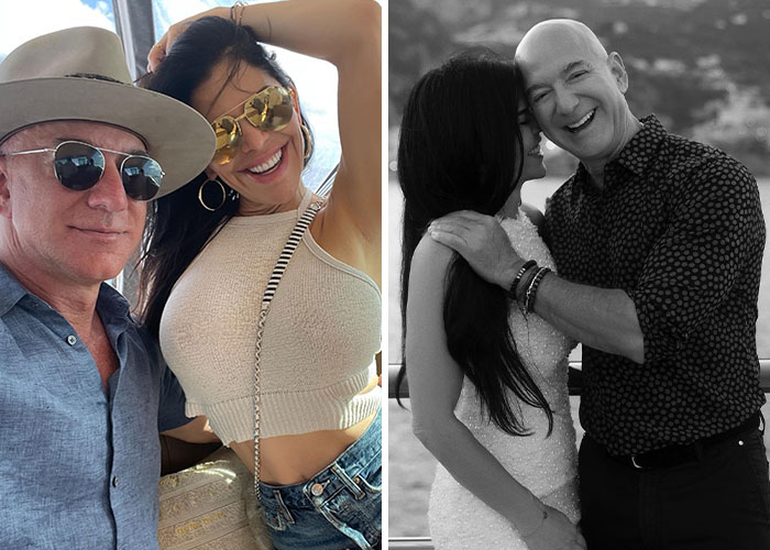 Jeff Bezos and Lauren Sanchez smiling together in casual and formal settings amid lavish wedding details. Jeff Bezos and Lauren Sanchez smiling together in casual and formal settings amid lavish wedding details.