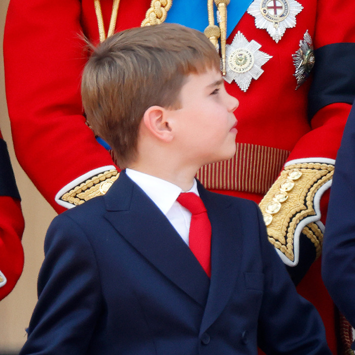 Prince Louis dressed formally at Trooping The Colour event, with royal guards in red uniforms in the background. Prince Louis dressed formally at Trooping The Colour event, with royal guards in red uniforms in the background.