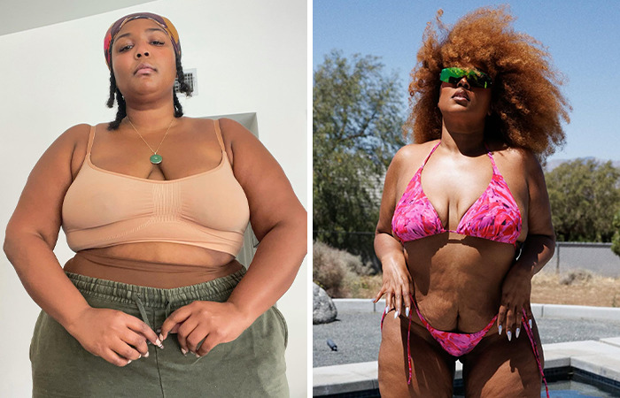 Lizzo posing indoors in casual wear and outdoors in a pink bikini, addressing rumored Ozempic use and weight-loss method.