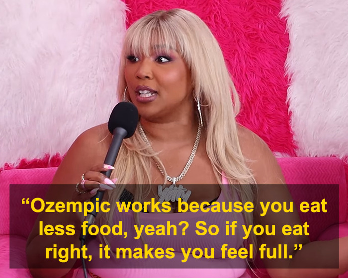 Lizzo speaking about weight-loss method and addressing rumors about her Ozempic use in a colorful interview setting.