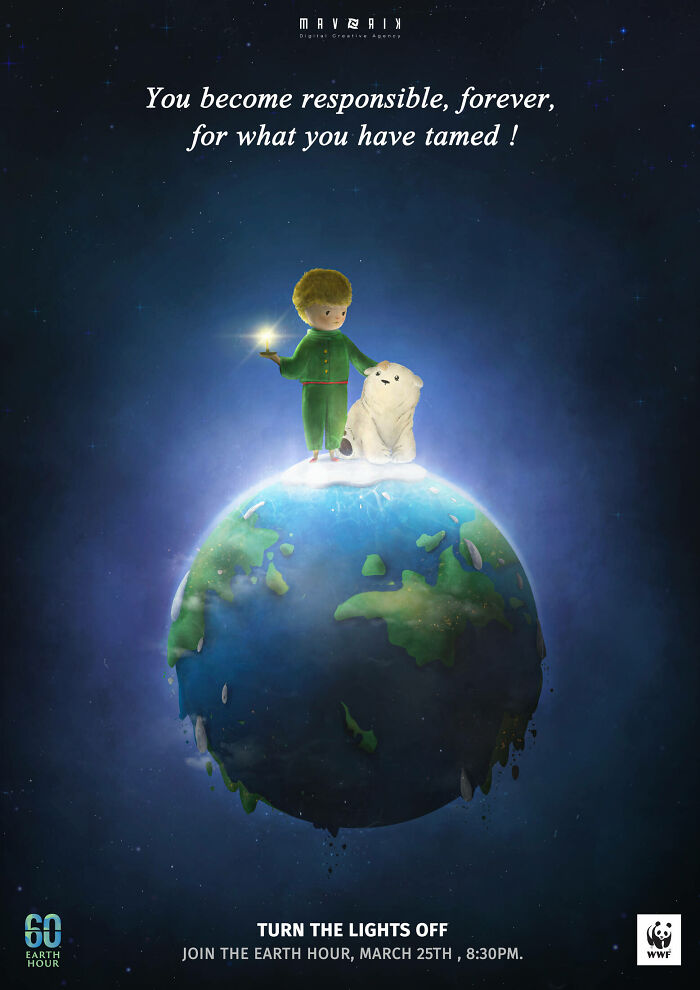 Child and polar bear on a glowing Earth in a WWF ad promoting powerful environmental awareness and responsibility.