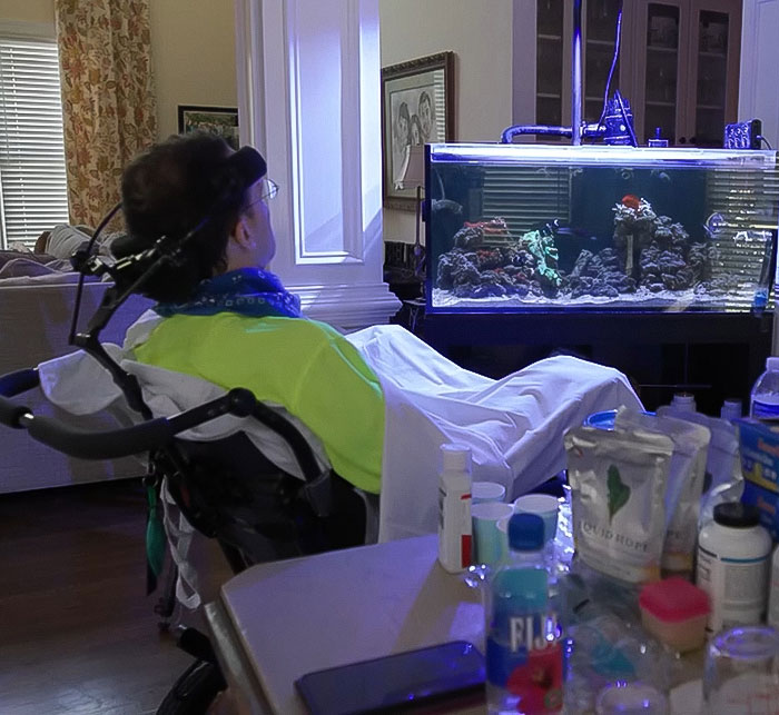 Man in wheelchair with neck brace watching fish tank, illustrating locked-in syndrome after chiropractor visit for neck pain.