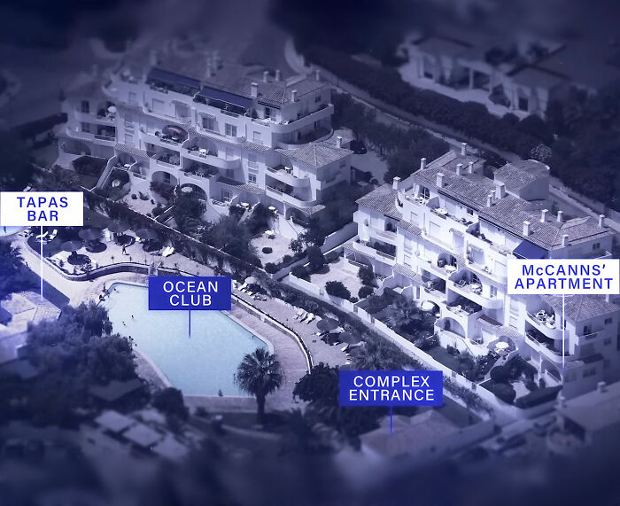 Aerial view of the complex showing McCanns' apartment, ocean club, tapas bar, and entrance in the disappearance theory context.
