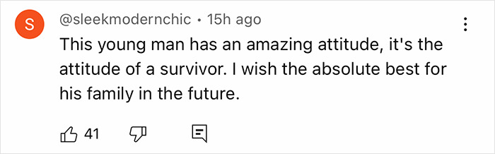 Comment by user sleekmodernchic praising a young man's survivor attitude after a face transplant from a 47-year-old donor. Comment by user sleekmodernchic praising a young man's survivor attitude after a face transplant from a 47-year-old donor.