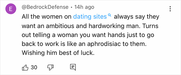 Commenter sharing thoughts on dating sites and the appeal of ambition and hardworking men to women online. Commenter sharing thoughts on dating sites and the appeal of ambition and hardworking men to women online.