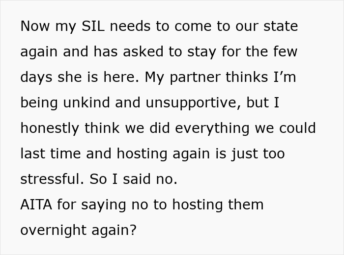 Text excerpt about a man not prepared to deal with his SIL&rsquo;s kid while they&rsquo;re staying over, offering to pay for a hotel.