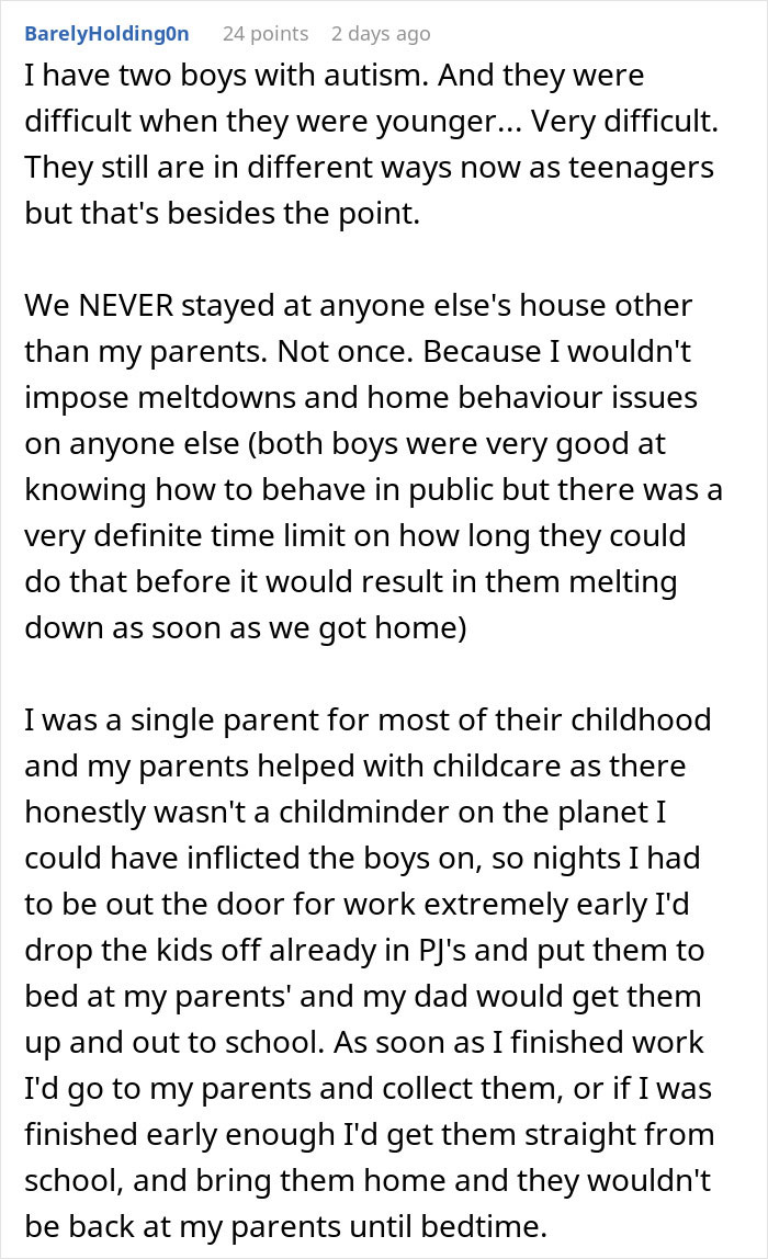 Text comment about difficulty dealing with kids who have autism, reflecting a man not prepared to deal with SIL&rsquo;s kid while staying over.