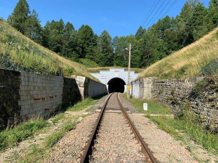 Railway tracks leading into a dark tunnel surrounded by grassy hills and trees, evoking abandoned explorer vibes.