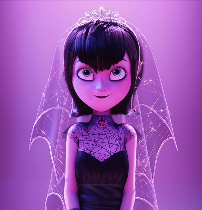 Animated character in a black dress and veil, referencing Miley Cyrus fired from kids movie over cake controversy.