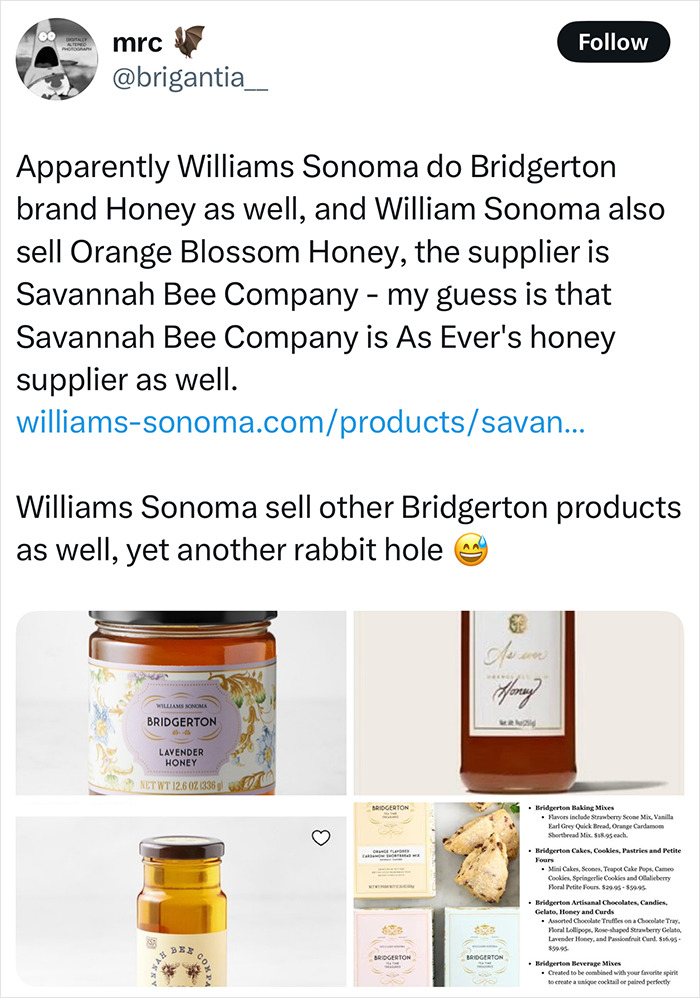 Social media post discussing Meghan Markle brand products sourced from Williams Sonoma suppliers. Social media post discussing Meghan Markle brand products sourced from Williams Sonoma suppliers.