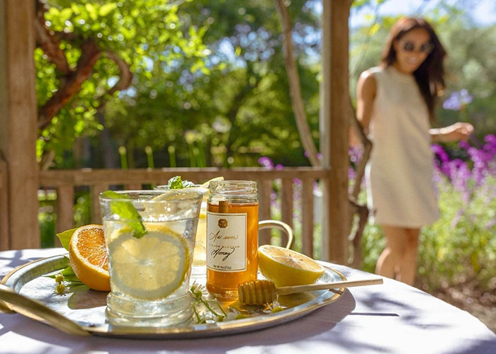 Tray with honey jar, lemon, orange, and a glass of lemon water outdoors, related to Meghan Markle brand products controversy. Tray with honey jar, lemon, orange, and a glass of lemon water outdoors, related to Meghan Markle brand products controversy.