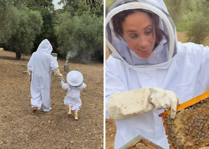 Two people in beekeeping suits working with honeycombs outdoors, related to Meghan Markle brand products controversy. Two people in beekeeping suits working with honeycombs outdoors, related to Meghan Markle brand products controversy.