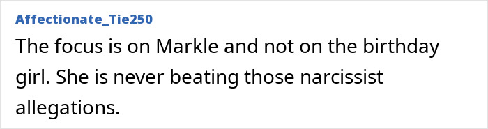 Screenshot of a comment criticizing Meghan Markle for narcissist focus on herself instead of Lilibet in birthday post.