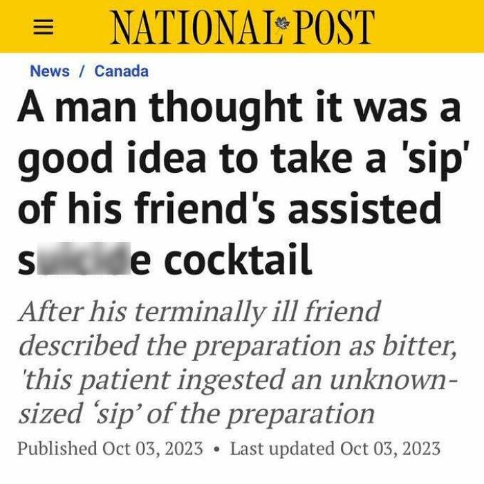 Screenshot of a National Post article about a man doing dumb things involving an assisted cocktail drink in Canada.