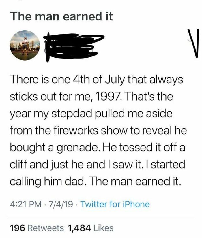 Tweet describing a man’s risky behavior with a g*****e on July 4th, highlighting men doing dumb things.