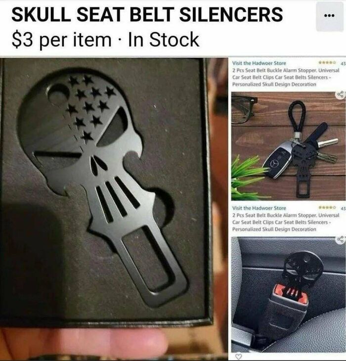 Skull seat belt silencers blocking alarm, showcasing one of the 67 men doing dumb things affecting safety and longevity.