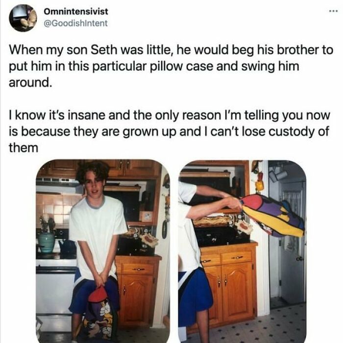 Man swinging his brother in a pillowcase in a kitchen, showcasing men doing dumb things that explain why women live longer