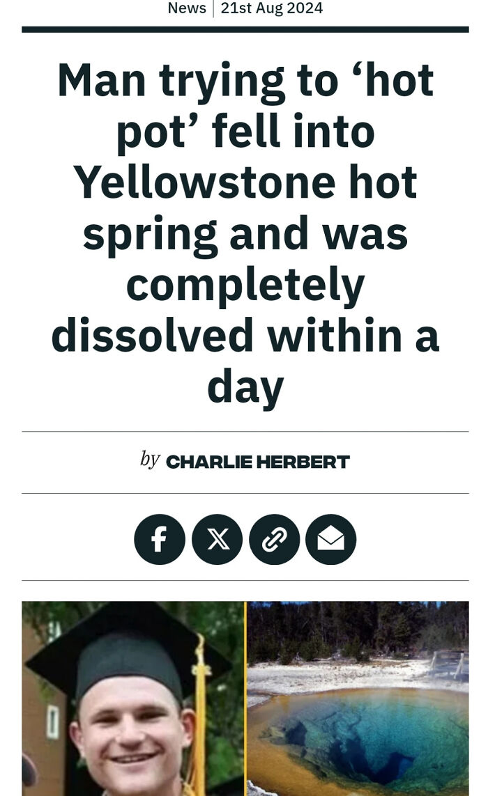 Article headline about men’s risky behavior with images of a young man in graduation attire and a Yellowstone hot spring.
