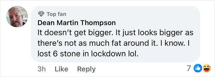 Commenter Dean Martin Thompson explains size perception change due to fat loss, relating to Ozempic side effects on men's privates.