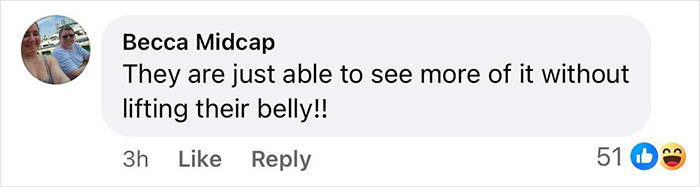 Comment from Becca Midcap discussing men's privates appearing larger without lifting their belly, related to Ozempic side effects.