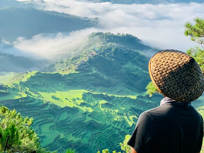 Person wearing a woven hat overlooking foggy green terraced hills in a travel destination tourists say to avoid.