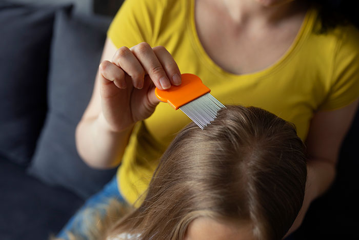 Person wearing yellow shirt using orange lice comb to check child&rsquo;s hair during lice outbreak and CPS report situation
