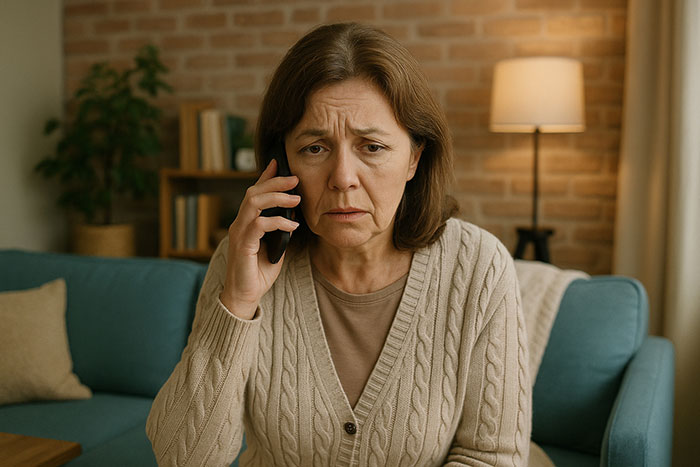 Worried middle-aged woman on phone in living room amid concerns of lice outbreak and CPS involvement.