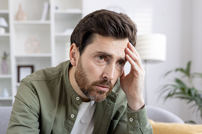Man looking worried and stressed indoors, representing a tense situation involving a child forced to get a tattoo.