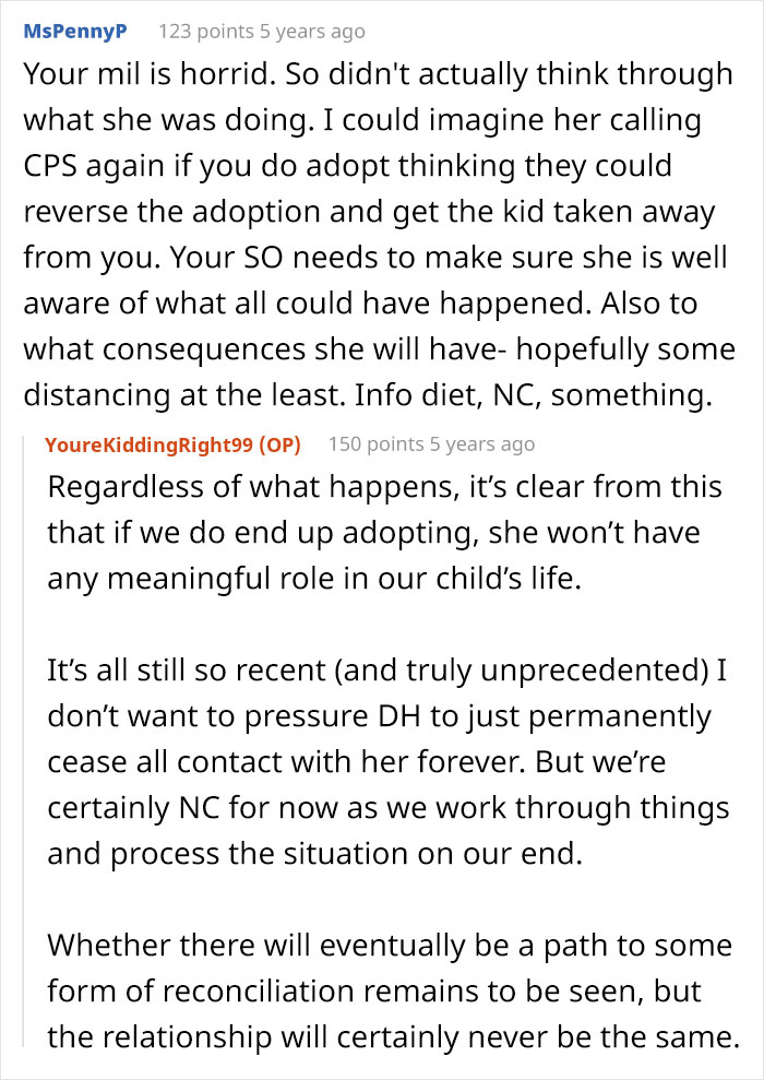 Reddit comments discussing a mother-in-law calling Child Protective Services and its impact on family relationships. Reddit comments discussing a mother-in-law calling Child Protective Services and its impact on family relationships.