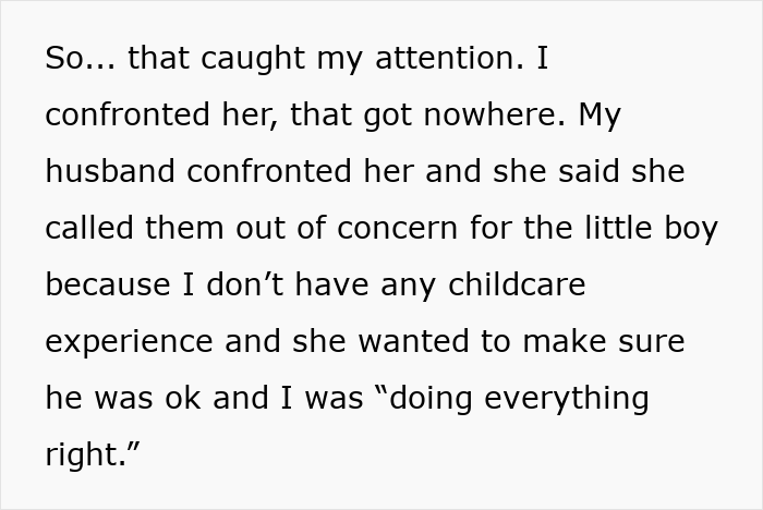 Text excerpt explaining a mother-in-law calling child protective services due to concerns about childcare experience. Text excerpt explaining a mother-in-law calling child protective services due to concerns about childcare experience.