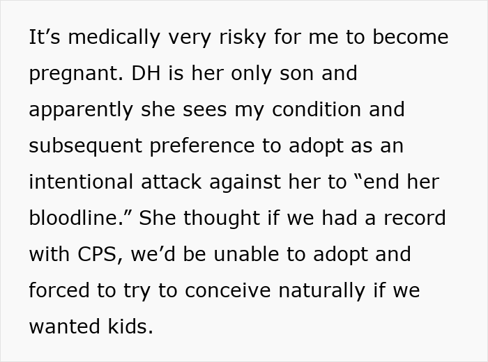 Text discussing medical risks of pregnancy and mother-in-law involving child protective services in family conflict context. Text discussing medical risks of pregnancy and mother-in-law involving child protective services in family conflict context.