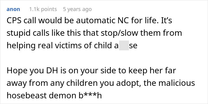 Screenshot of an online comment discussing child protective services calls and protecting children from malicious family interference. Screenshot of an online comment discussing child protective services calls and protecting children from malicious family interference.
