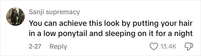 Comment explaining how to achieve depression hairstyle with a low ponytail, related to millennials and Gen Z trends.