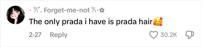 Screenshot of a social media comment humorously referencing prada hair in reaction to Millennials and Gen Z depression hairstyle trends.