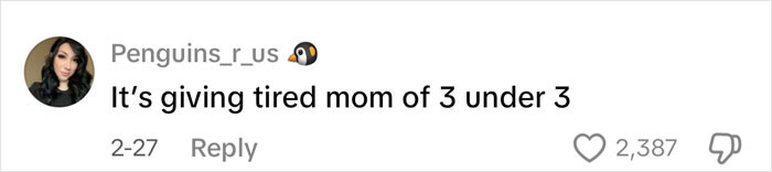Comment on social media from user Penguins_r_us saying it&rsquo;s giving tired mom of 3 under 3 with 2,387 likes.