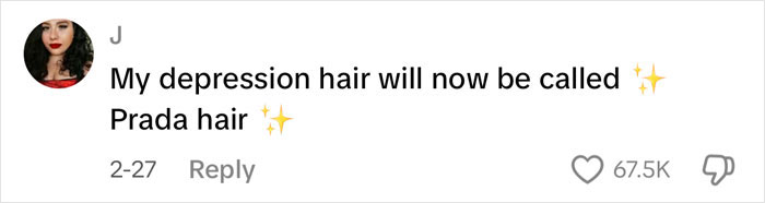 Social media comment joking about depression hairstyle being renamed Prada hair, reflecting Millennials' reactions to Gen Z trend.